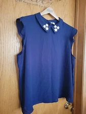 Elle Women Dressy Ruffle Cap Sleeves Blouse Size XLarge Navy Solid XL
