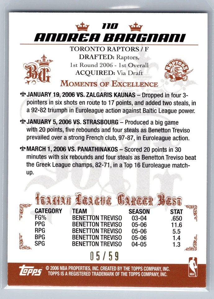 2006-07 Topps Big Game #110 Andrea Bargnani Blue #/59 - Image 2 of 2