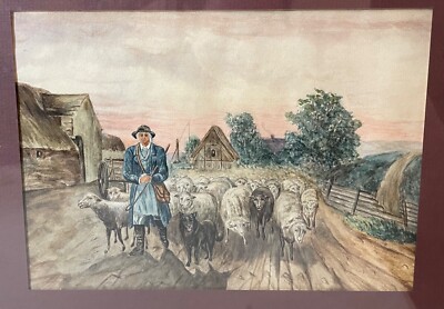 antique orignal sheep herder farmer landscape animal watercolor painting art 