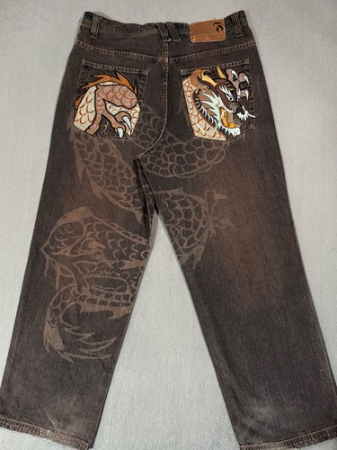 Bare Fox Denim Y2K Tiger Dragon Vtg AOP Embroidered Baggy Jeans Pants W36 Jnco - Picture 2 of 23