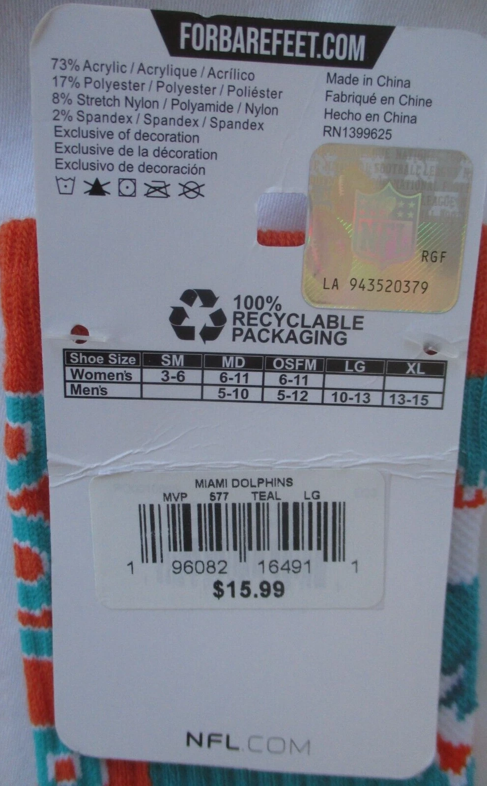 MIAMI DOLPHINS FOR BARE FEET football SOCKS SIZE LARGE - NEW