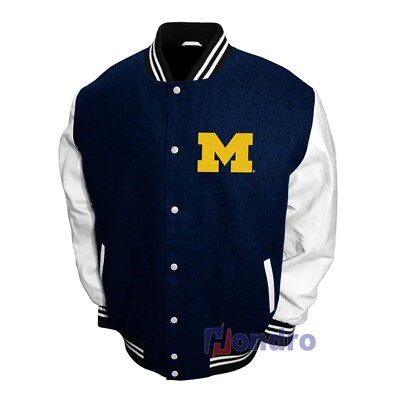 Michigan Wolverines Blue & White Wool Varsity Jacket With Real Leather Sleeves