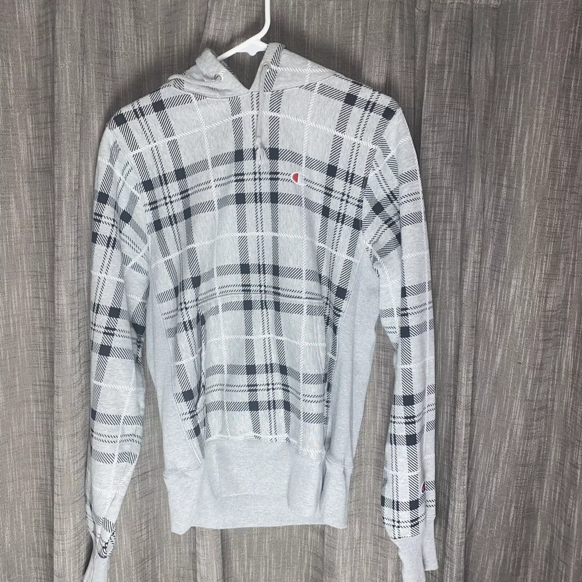 Men s Champion Reverse Weave Plaid Hoodie Gray Black White Size Small READ