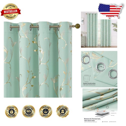 Noise Reducing Blackout Curtains with Grommets - Floral Gold Pattern, 2 Panels