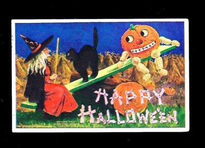 c1909 Intl Art Halloween Postcard Witch & Pumkin Teeter-Totter & Black Cat