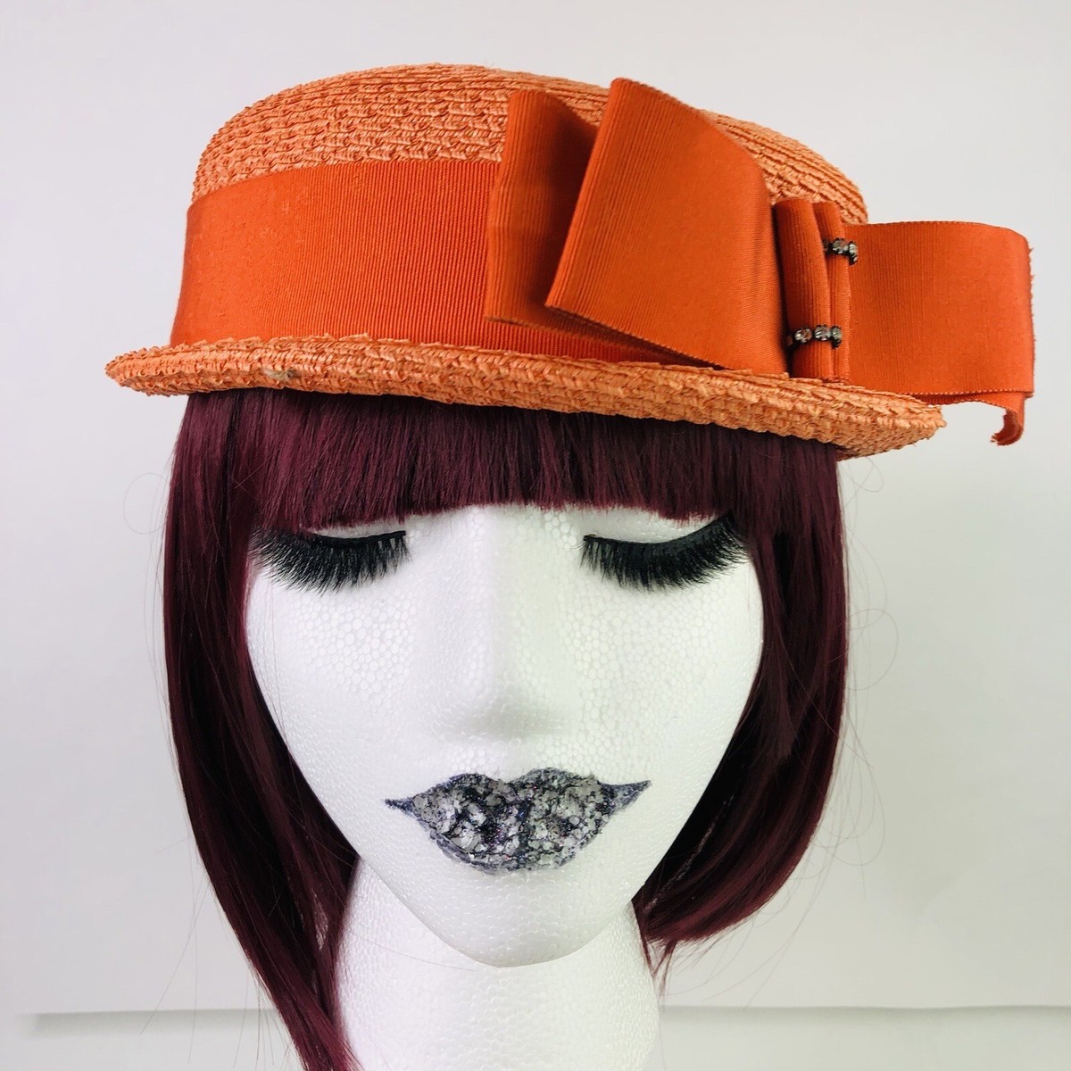 Vintage 1950s Orange Big Bow Strap Cap Pillbox Fascinator 