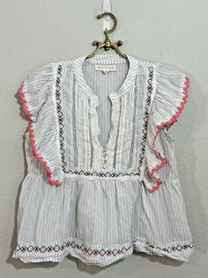 Lovestitch Floral Blouse Top Size M Crochet Flutter Sleeves Boho Light
