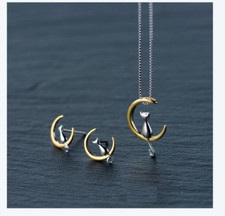 Collar colgante de plata esterlina con espalda de gato y luna cadena de 18" B59