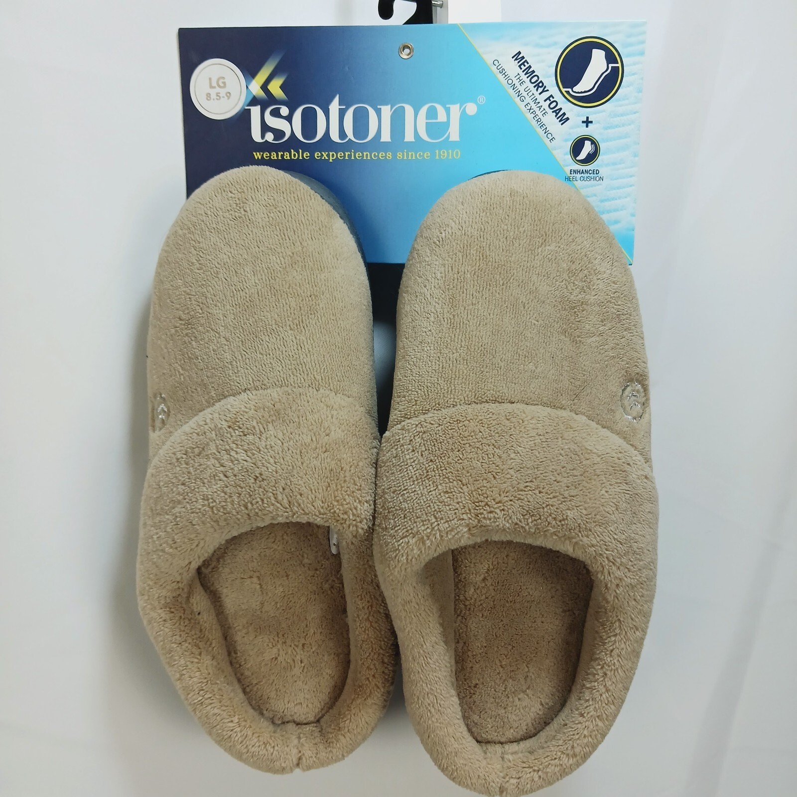 NEW Isotoner Women's Tan Fuzzy Slippers L (8.59) Enhanced Heel Cushion