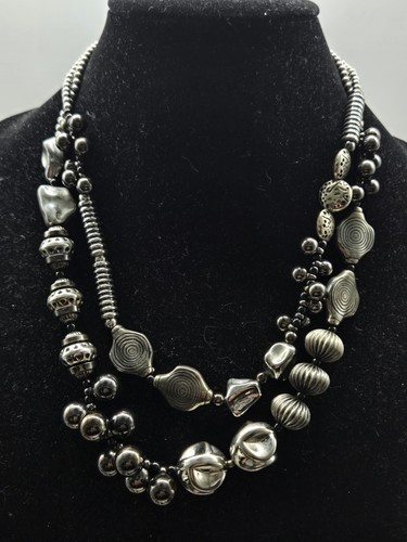 Silvertone Double Strand Plastic Beaded Necklace With Different Shaped And Sizes