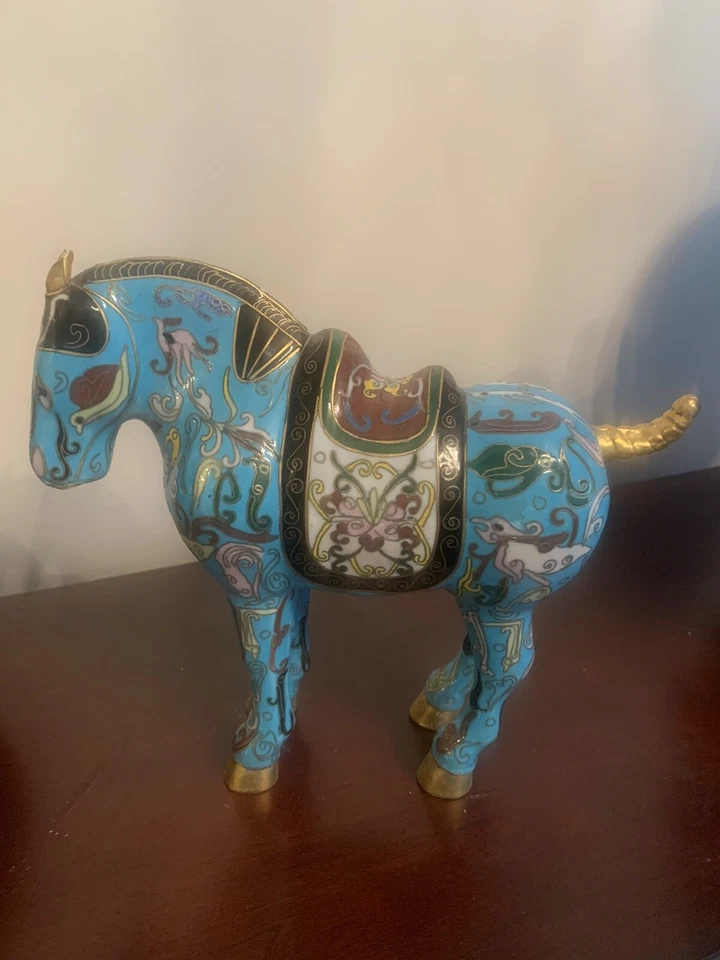 Escultura única de caballo de guerra chino turquesa y oro Foto 4 de 4