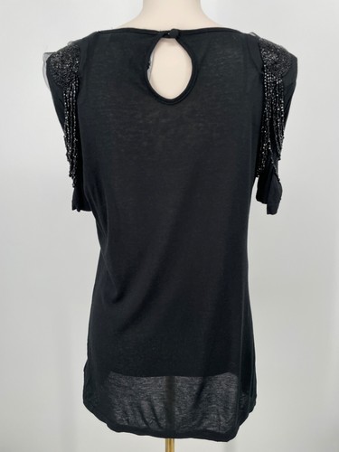 Twelve by Twelve Womens shirt size L Black short Sleeve beaded shoulder straps - Picture 3 of 13