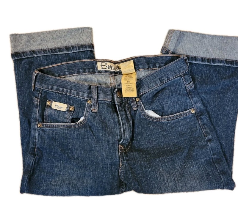 VINTAGE Berne SZ 6R Blue Denim Cuffed Capris Button Zip MidRise 5 Pockets Retro