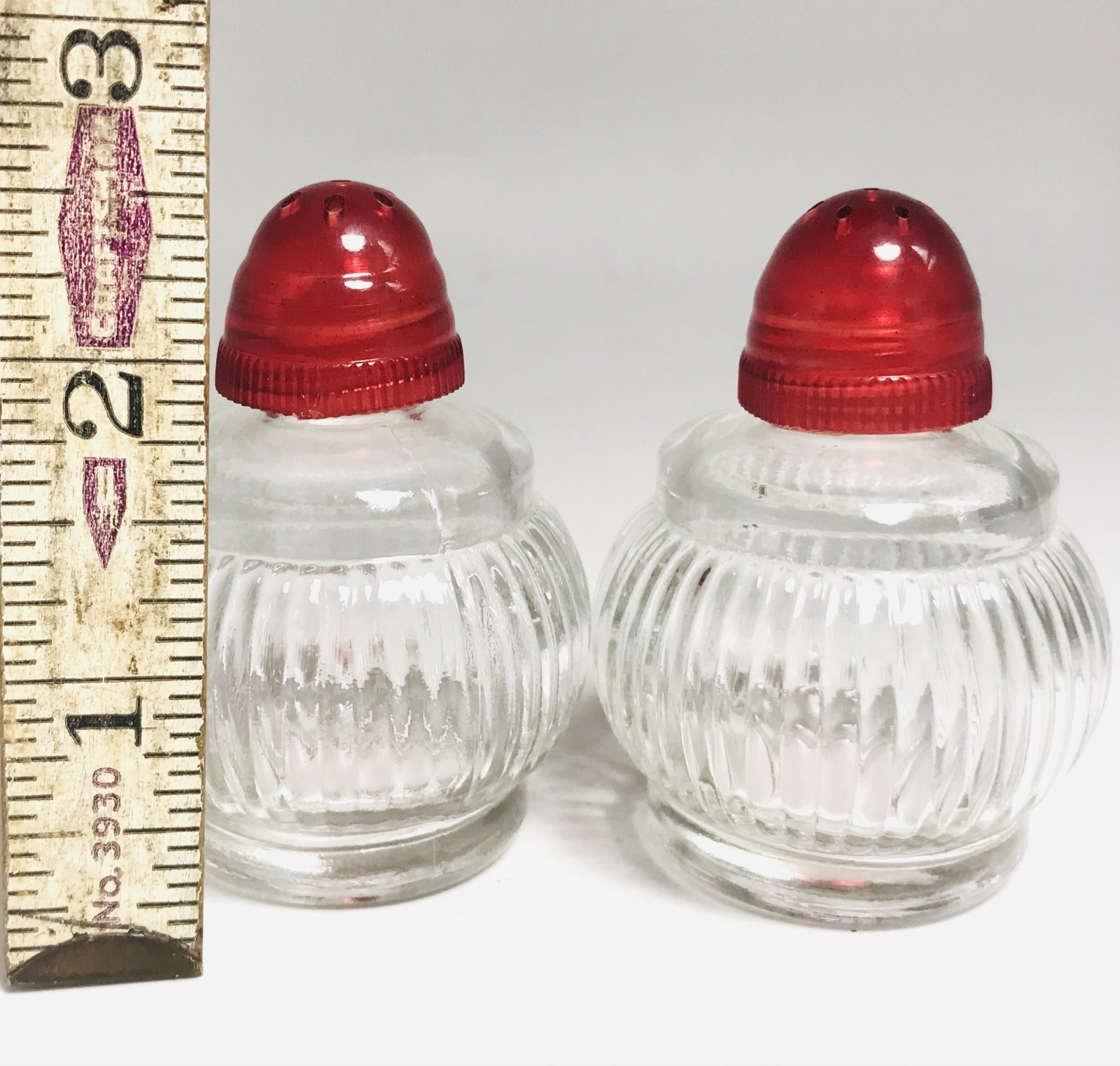 Vintage Salt & Pepper Shakers Ribbed Glass Red Caps Round Ball Shaped USA Small