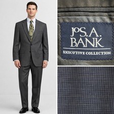 Vtg. JOS A BANK Executive Collection Suit Men 46R Grey Wool Houndstooth 2 Pc USA