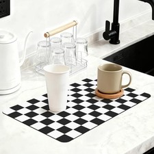 Checkered Dish Drying Mat for Kitchen Counter, Absorbent Coffee 12" x 20" Black