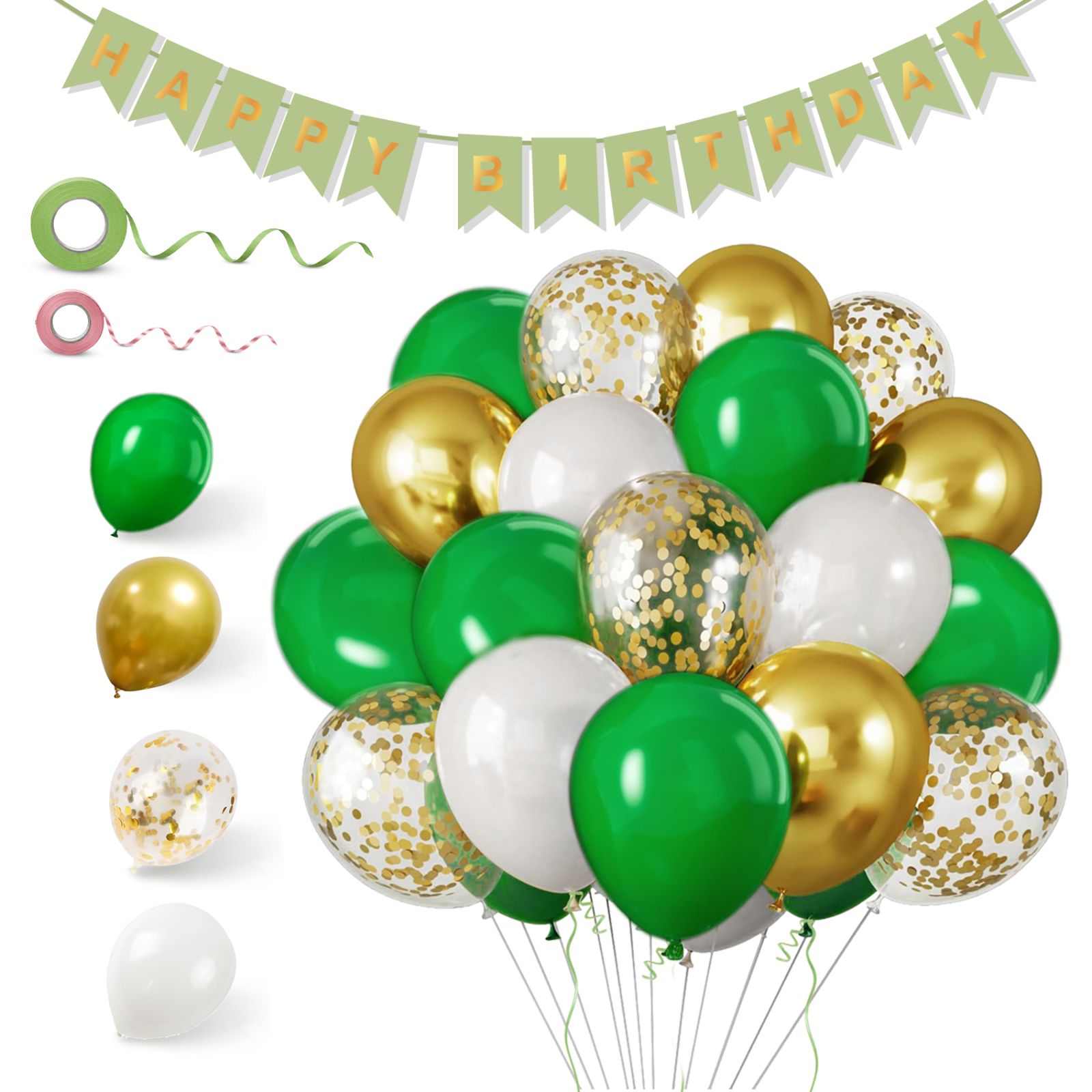 TYGA Store | 16 Green 12"" Balloons, 3 Ribbon, Happy Birthday Banner, Assorted