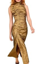 ULLA JOHNSON $1300 GOLD BRONZE FOIL RUCHED DRESS SIZE 4