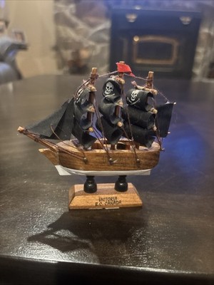 Wooden Pirate Ship Model Victoria BC Canada Souvenir Nautical Decor Black Sails