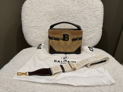 Balmain B-BUZZ 22 Raffia & Brown Leather Top Handle Crossbody  Bag