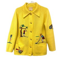 VTG Andreno Argento Womens Med Yellow Embroidered Novelty Golf Cardigan Sweater