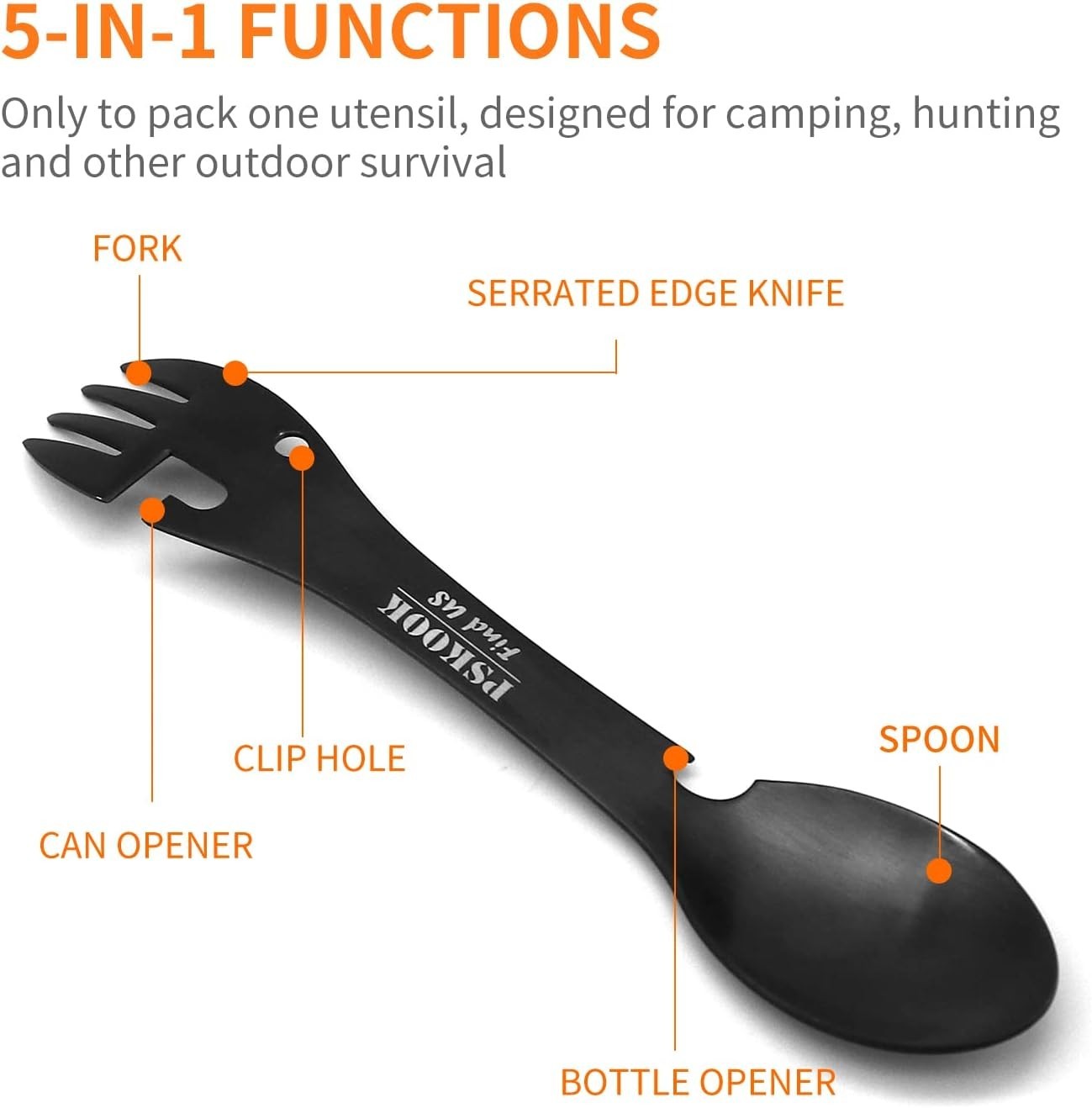5-in-1 Utility Tactical Spork, Stainless Steel Spoon & Bottle Opener, Fork & ...