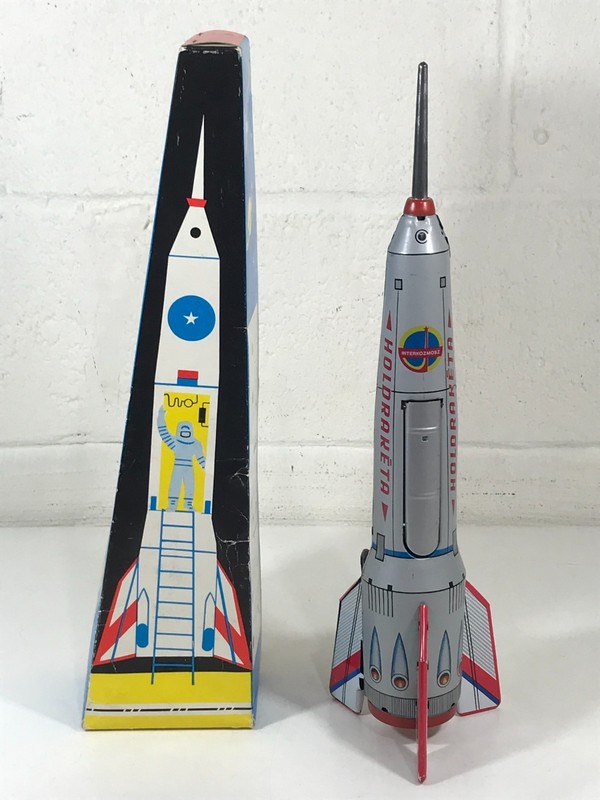 1960s TIN FRICTION SPACE ROCKET SHIP WORKING IN THE BOX