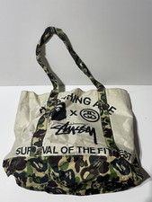 A BATHING APE BAPE Stussy Nylon Tote Bag Pouch Beige camouflage Band Rare FS