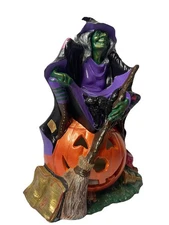 Vtg BYRON MOLDS Ceramic WITCH On PUMPKIN Halloween Figure Hand Painted SIGNED
