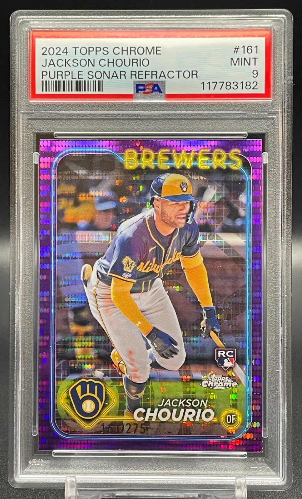 Jackson Chourio 2024 Topps Chrome #161 Purple Sonar Refractor /275 Rookie PSA 9