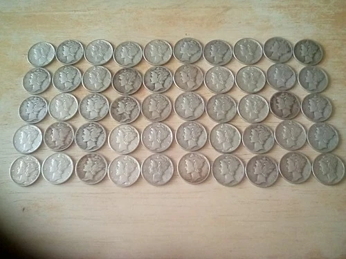 50 (1 Roll) Mercury SILVER Dimes / 90% - Mixed Dates - Avg Circulated!!