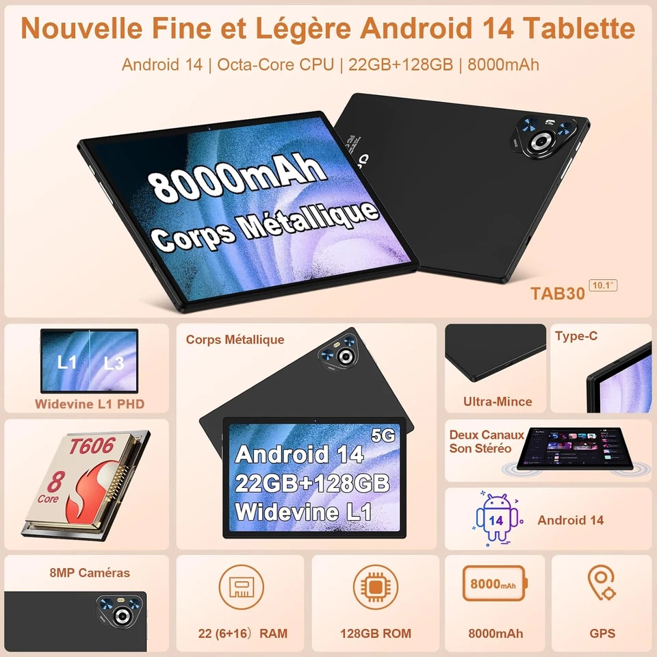 Tablette tactile Android 14 10 pouces WiFi 5G Octa Core 22Go RAM 128Go - Photo 2/4