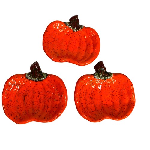 VTG Pumpkin Trinket Dish Set Bright Orange Ceramic Fall Halloween Decor Set Of 3