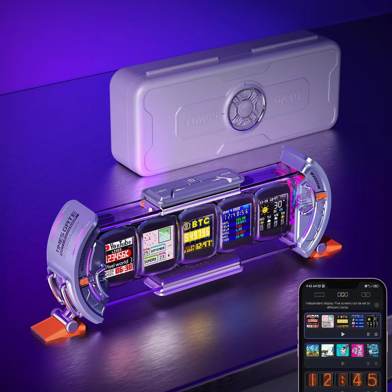 Divoom Times Gate - Cyberpunk Gaming Setup Digital Alarm Clock, Small, Silver