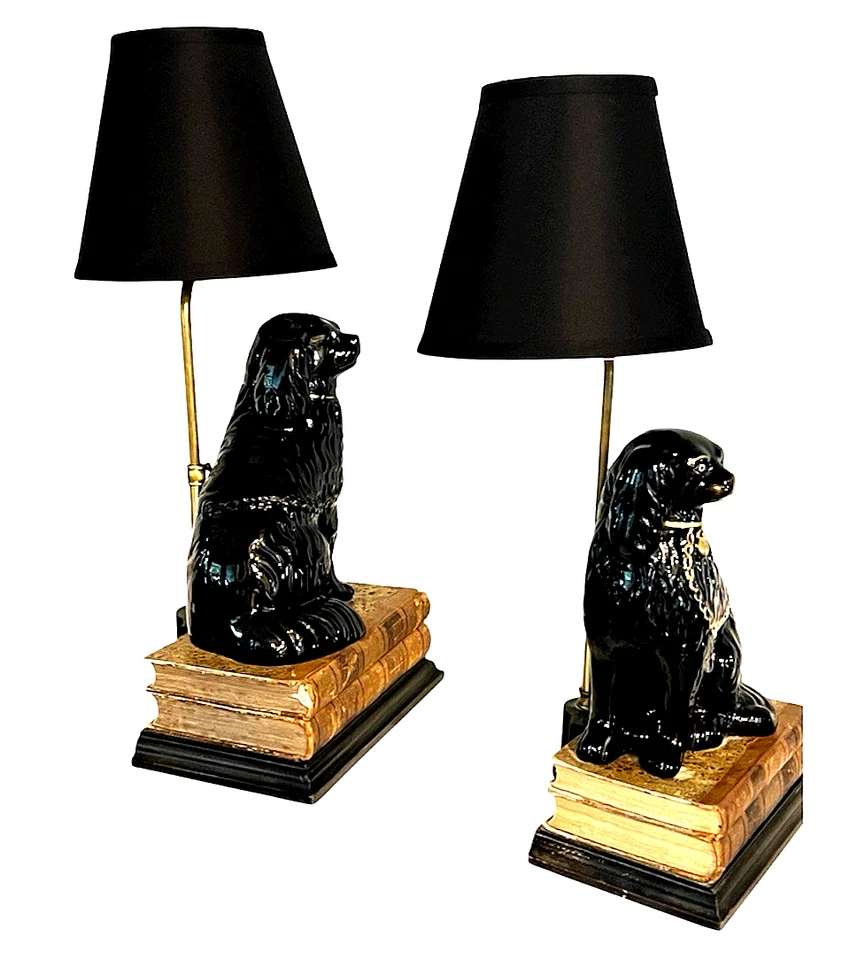 Jackfield  Staffordshire Black Spaniel Dog Lamps Pair Antique 1860's English - Image 4 of 4