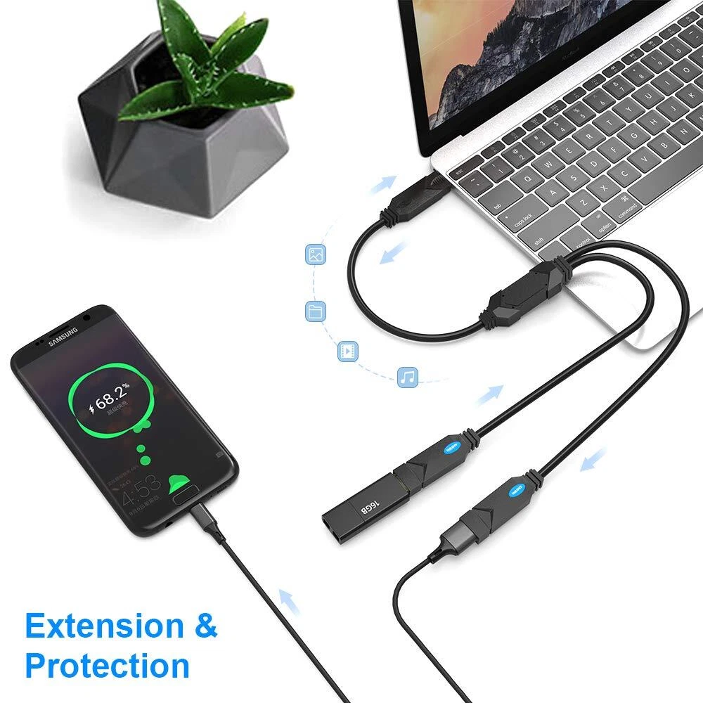 1-to-2 USB 2.0 Splitter Hub with Data Sync & Power Extension