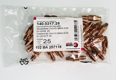 ABICOR BINZEL 140.0217.25 GAS WELDING CONTACT TIP CU M8/0,9/30 D=10/VE LOT OF 25