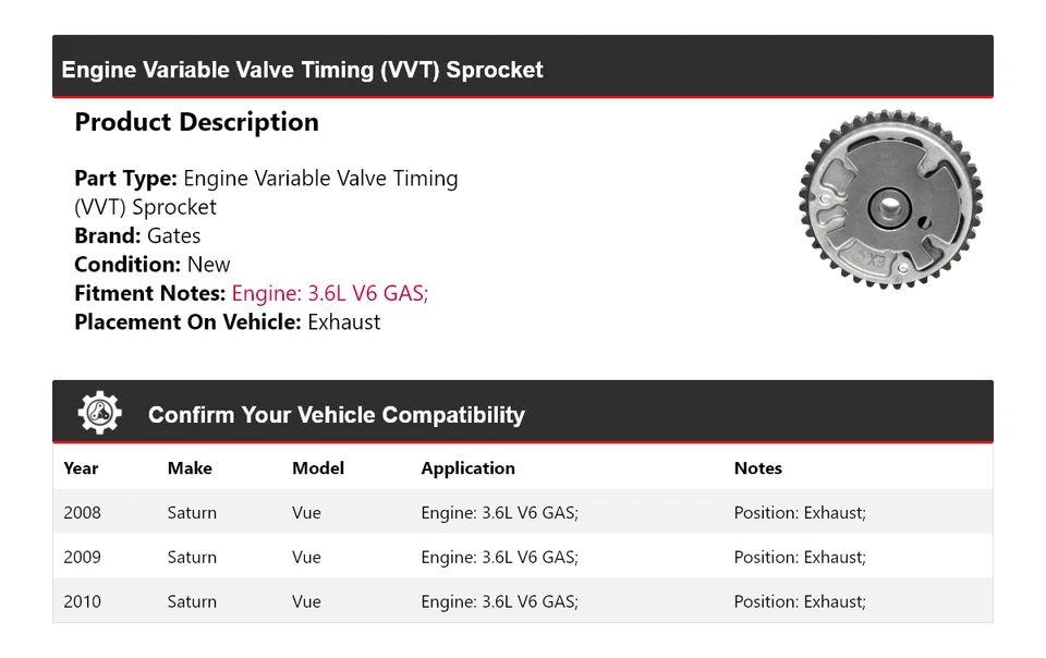 Para Saturn Vue 2008-2010 3,6 L V6 motor de gas VVT piñón puertas de escape 2009 Foto 2 de 4