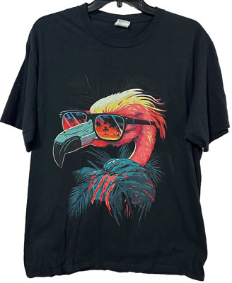Flamingo Men's Shirt Size L - Port & Company Graphic Tropical Miami Vice