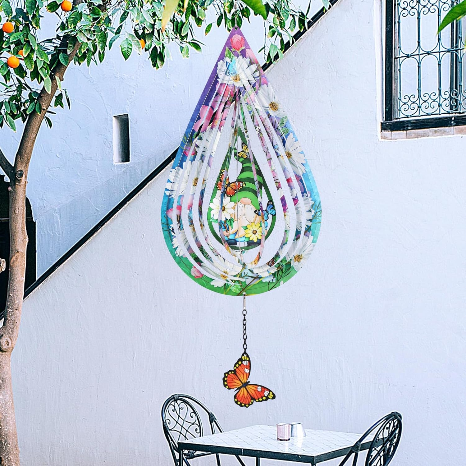 Gnomes and Butterfly Hanging Wind Spinners, Outdoor 3D Metal Sculptures for Gard