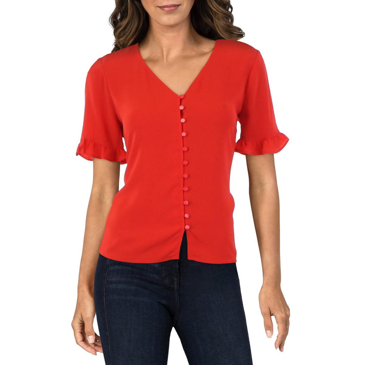 CeCe Womens Red VNeck Ruffled Blouse ButtonDown Top Shirt S BHFO 9232 eBay
