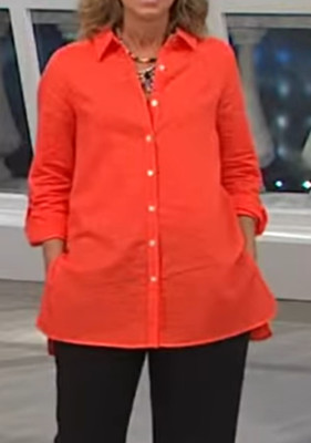 Susan Graver Linen Blend Button Down Roll Tab Collar Shirt Top ORANGE 8 A265003
