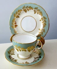 3 pc AYNSLEY SAGE GREEN TEACUP  COFFEE CUP SAUCER DESSERT PLATE trio GOLD LEAVES