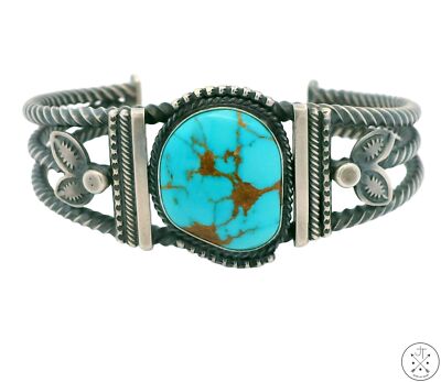 Navajo Sterling Silver Cuff Bracelet Royal Blue Turquoise 6.8 in Signed Morgan