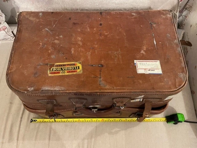 Antique Brown Leather Suitcase With Travel Stickers 