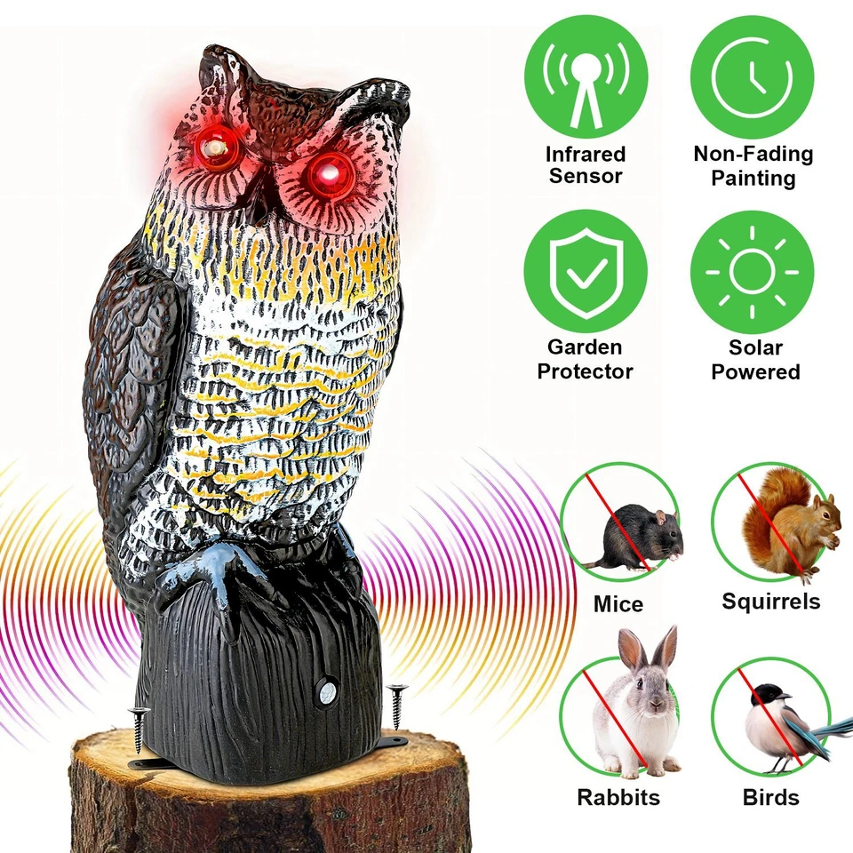 Solar Owl Decoy with Flashing Eye Hoot Sound Infrared Sensor Scare Bird Away - Image 3 of 4