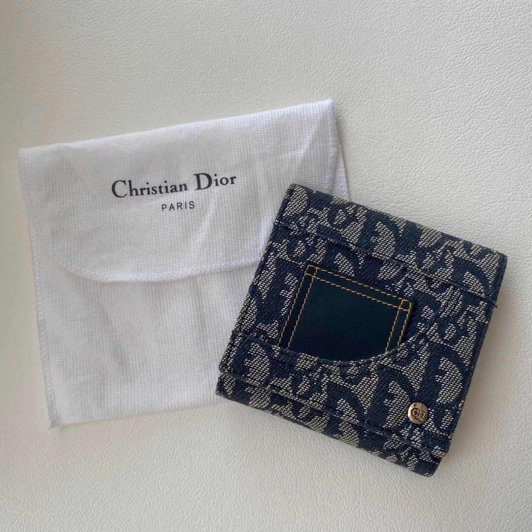 Authentic Christian Dior Trotter Pattern Folding Wallet Canvas Leather 10.5x11cm