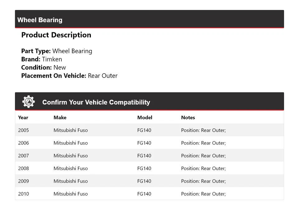 Para 2005-2010 Mitsubishi Fuso FG140 rolamento de roda traseiro externo Timken 2006 2007 - Imagem 2 de 3