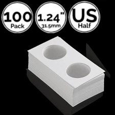 100 Pack 1.24 IN 31.5 mm 2 x 2 IN Cardboard Coin Flip Holder 4 US Half Dollar