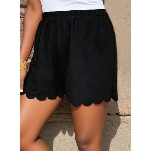 Women's Black Elastic Waistband Scallop Trim Hem Casual Shorts Size XL - Picture 3 of 5